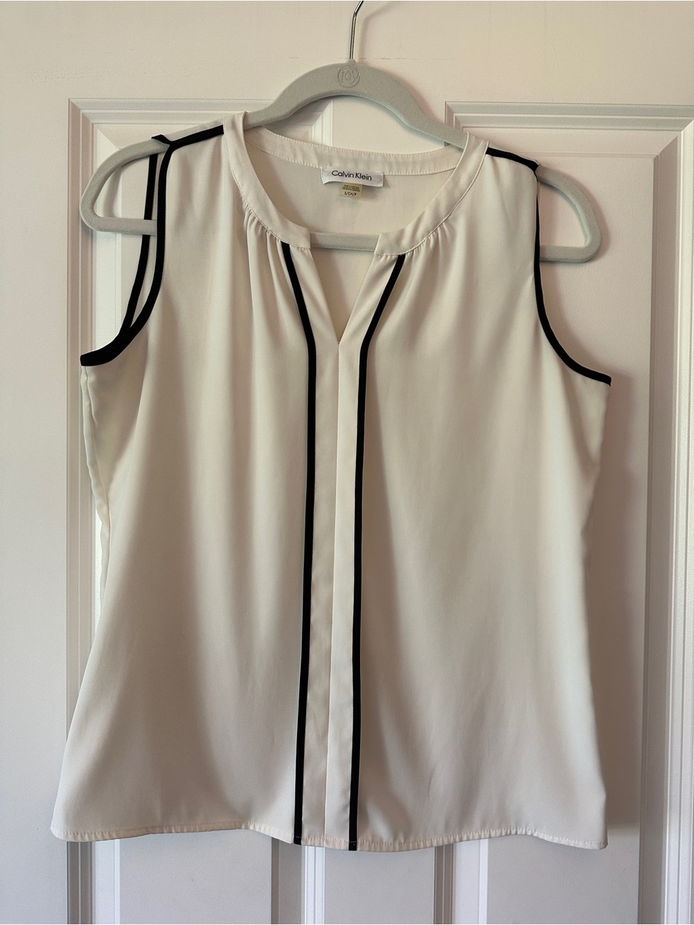 Calvin Klein White Sleeveless Blouse with Black Piping